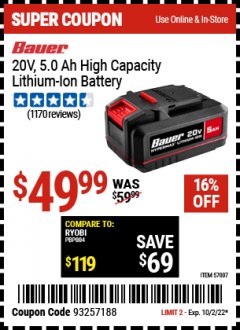 Harbor Freight Coupon BAUER 20 VOLT LITHIUM-ION 5.0 AH HIGH CAPACITY BATTERY Lot No. 57007 EXPIRES: 10/2/22 - $49.99