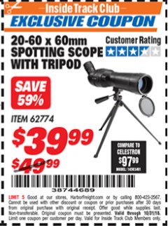 Harbor Freight ITC Coupon 20-60 x 60mm SPOTTING SCOPE WITH TRIPOD Lot No. 62774/94555 Expired: 10/31/18 - $39.99