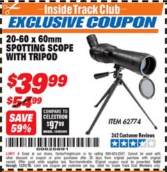 Harbor Freight ITC Coupon 20-60 x 60mm SPOTTING SCOPE WITH TRIPOD Lot No. 62774/94555 Expired: 12/31/18 - $39.99