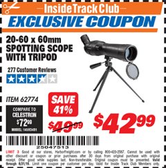 Harbor Freight ITC Coupon 20-60 x 60mm SPOTTING SCOPE WITH TRIPOD Lot No. 62774/94555 Expired: 8/31/19 - $42.99