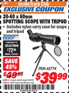 Harbor Freight ITC Coupon 20-60 x 60mm SPOTTING SCOPE WITH TRIPOD Lot No. 62774/94555 Expired: 2/29/20 - $39.99