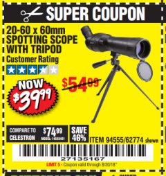 Harbor Freight Coupon 20-60 x 60mm SPOTTING SCOPE WITH TRIPOD Lot No. 62774/94555 Expired: 8/20/18 - $39.99