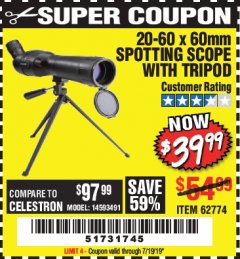 Harbor Freight Coupon 20-60 x 60mm SPOTTING SCOPE WITH TRIPOD Lot No. 62774/94555 Expired: 7/19/19 - $39.99