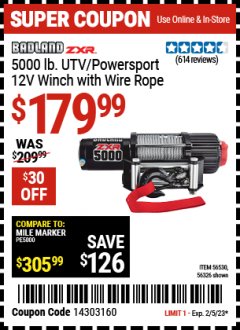 Harbor Freight Coupon BADLAND ZXR 5000 LB. UTV/POWERSPORT 12V WINCH WITH WIRE ROPE Lot No. 56630 Valid Thru: 2/5/23 - $179.99