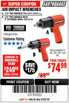 Harbor Freight Coupon 1/2" INDUSTRIAL QUALITY SUPER HIGH TORQUE IMPACT WRENCH Lot No. 62627/68424 Expired: 6/23/19 - $74.99