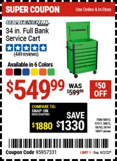 Harbor Freight Coupon U.S. GENERAL 34 IN. FULL BANK SERVICE CART Lot No. 58073, 58744, 58743, 58071, 58072, 57517 EXPIRES: 6/2/22 - $549.99