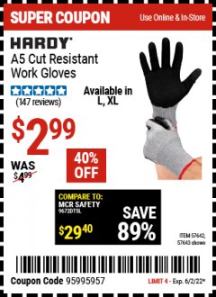 Harbor Freight Coupon HARDY A5 CUT RESISTANT WORK GLOVES Lot No. 57643,57642 EXPIRES: 6/2/22 - $2.99