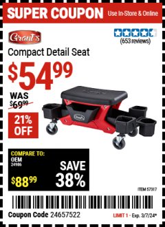 Harbor Freight Coupon GRANT'S COMPACT DETAIL SEAT Lot No. 57317 Valid Thru: 3/7/24 - $54.99