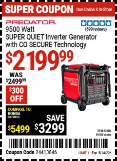 Harbor Freight Coupon PREDATOR 9500 WATT SUPER QUIET INVERTER GENERATOR WITH CO SECURE TECHNOLOGY Lot No. 57080 Expired: 5/14/23 - $2199.99
