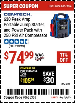 Harbor Freight Coupon CEN-TECH 630 PEAK AMP PORTABLE JUMP STARTER AND POWER PACK WITH 250 PSI AIR COMPRESSOR Lot No. 58978  Expired: 5/8/22 - $74.99