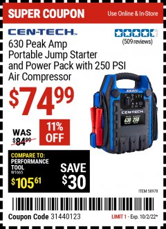 Harbor Freight Coupon CEN-TECH 630 PEAK AMP PORTABLE JUMP STARTER AND POWER PACK WITH 250 PSI AIR COMPRESSOR Lot No. 58978  Expired: 10/2/22 - $74.99