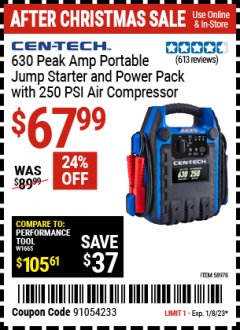 Harbor Freight Coupon CEN-TECH 630 PEAK AMP PORTABLE JUMP STARTER AND POWER PACK WITH 250 PSI AIR COMPRESSOR Lot No. 58978  Expired: 1/8/23 - $67.99
