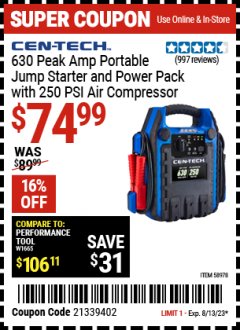Harbor Freight Coupon CEN-TECH 630 PEAK AMP PORTABLE JUMP STARTER AND POWER PACK WITH 250 PSI AIR COMPRESSOR Lot No. 58978  Expired: 8/13/23 - $74.99