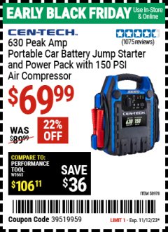 Harbor Freight Coupon CEN-TECH 630 PEAK AMP PORTABLE JUMP STARTER AND POWER PACK WITH 250 PSI AIR COMPRESSOR Lot No. 58978  Expired: 11/12/23 - $69.99