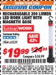 Harbor Freight ITC Coupon RECHARGEABLE 40 WATT LED WORK LIGHT WITH MAGNETIC BASE Lot No. 62529/94668 Expired: 10/31/17 - $19.99