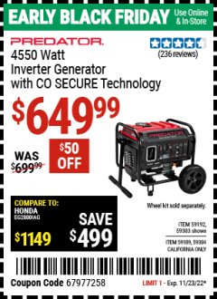 Harbor Freight Coupon PREDATOR 4550 WATT INVERTER GENERATOR WITH CO SECURE TECHNOLOGY Lot No. 59303 Expired: 11/23/22 - $649.99