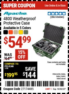 Harbor Freight Coupon APACHE 4800 WEATHERPOOF PROTECTIVE CASE (ALL COLORS) Lot No. 56863/56864/56865/56866/64250 Expired: 10/30/22 - $54.99