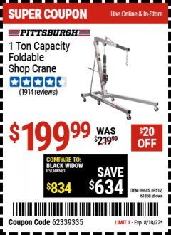 Harbor Freight Coupon PITTSBURGH 1 TON CAPACITY FOLDABLE SHOP CRANE Lot No. 61858/69512/69445 Expired: 8/18/22 - $199.99