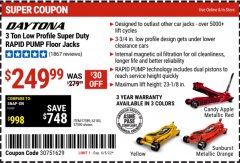 Harbor Freight Coupon DAYTONA 3 TON LOW PROFILE SUPER DUTY FLOOR JACK WITH RAPID PUMP (ALL COLORS) Lot No. 63183/57589/57590 EXPIRES: 6/5/22 - $249.99