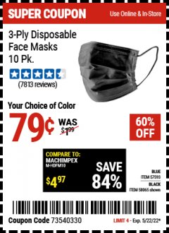 Harbor Freight Coupon 3-PLY DISPOSABLE FACE MASKS, 10 PK. Lot No. 57593/68065 Expired: 5/22/22 - $0.79