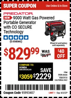Harbor Freight Coupon 9000 WATT GAS POWERED GENERATOR WITH CO SECURE TECHNOLOGY Lot No. 59206,59134 EXPIRES: 6/2/22 - $829.99