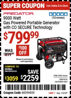 Harbor Freight Coupon 9000 WATT GAS POWERED GENERATOR WITH CO SECURE TECHNOLOGY Lot No. 59206,59134 Expired: 1/2/23 - $799.99