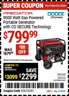 Harbor Freight Coupon 9000 WATT GAS POWERED GENERATOR WITH CO SECURE TECHNOLOGY Lot No. 59206,59134 Expired: 2/19/23 - $799.99