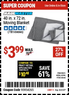 Harbor Freight Coupon HAULMASTER 40 IN X 72 IN MOVING BLANKET Lot No. 58327/69504/62336/47262 EXPIRES: 6/2/22 - $3.99