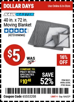 Harbor Freight Coupon HAULMASTER 40 IN X 72 IN MOVING BLANKET Lot No. 58327/69504/62336/47262 Expired: 9/4/22 - $5