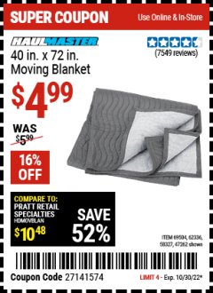 Harbor Freight Coupon HAULMASTER 40 IN X 72 IN MOVING BLANKET Lot No. 58327/69504/62336/47262 Expired: 10/30/22 - $4.99