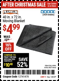 Harbor Freight Coupon HAULMASTER 40 IN X 72 IN MOVING BLANKET Lot No. 58327/69504/62336/47262 Expired: 1/8/23 - $4.99