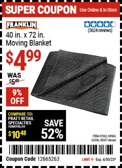 Harbor Freight Coupon HAULMASTER 40 IN X 72 IN MOVING BLANKET Lot No. 58327/69504/62336/47262 Expired: 4/30/23 - $4.99