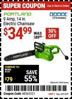 Harbor Freight Coupon PORTLAND 9 AMP, 14 IN ELECTRIC CHAINSAW Lot No. 58949/64498/64497 Expired: 4/21/24 - $34.99