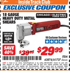 Harbor Freight ITC Coupon 18 GAUGE HEAVY DUTY METAL SHEARS Lot No. 61737/92148 Expired: 8/31/19 - $29.99
