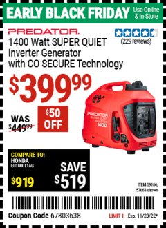Harbor Freight Coupon PREDATOR 1400 WATT SUPER QUIET INVERTER GENERATOR WITH CO SECURE TECHNOLOGY Lot No. 57063/59186 Expired: 11/23/22 - $399.99