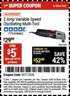 Harbor Freight Coupon 2 AMP VARIABLE SPEED OSCILLATING MULTI-TOOL Lot No. 57808 Expired: 6/26/22 - $5
