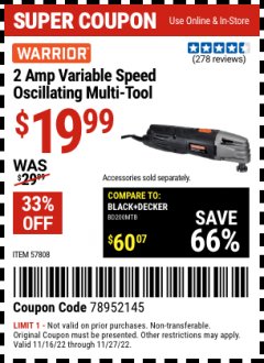 Harbor Freight Coupon 2 AMP VARIABLE SPEED OSCILLATING MULTI-TOOL Lot No. 57808 Expired: 1/27/22 - $19.99