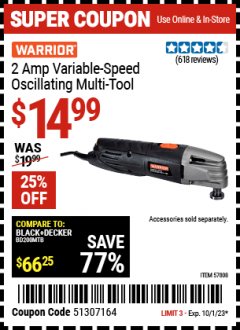 Harbor Freight Coupon 2 AMP VARIABLE SPEED OSCILLATING MULTI-TOOL Lot No. 57808 Expired: 10/1/23 - $14.99