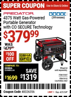 Harbor Freight Coupon PREDATOR 4375 WATT GAS POWERED PORTABLE GENERATOR WITH CO SECURE TECHNOLOGY Lot No. 59207, 59132 Expired: 4/21/24 - $379.99