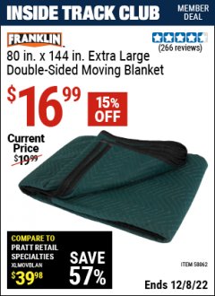 Harbor Freight ITC Coupon FRANKLIN 80 IN. X 144 IN. EXTRA LARGE DOUBLE-SIDED MOVING BLANKET Lot No. 58062 Expired: 12/8/22 - $16.99