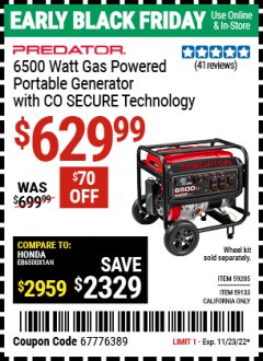 Harbor Freight Coupon 6500 WATT GAS POWERED GENERATOR W/CO SECURE Lot No. 59205, 59133 CA Expired: 11/23/22 - $629.99