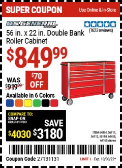 Harbor Freight Coupon US GENERAL 56 IN. X 22 IN. DOUBLE BANK ROLLER CABINET (ALL COLORS) Lot No. 64864, 56110, 56111, 56112, 64458, 64165 Expired: 10/30/22 - $849.99