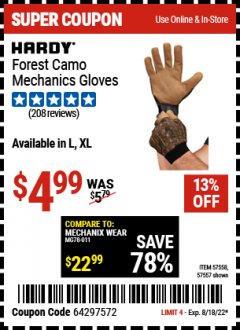 Harbor Freight Coupon HARDY FOREST CAMO MECHANICS GLOVES Lot No. 57558, 57557 Expired: 8/18/22 - $4.99