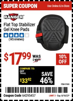 Harbor Freight Coupon RANGER FLAT TOP STABILIZER GEL KNEE PADS Lot No. 57603 Expired: 8/18/22 - $17.99