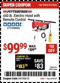 Harbor Freight Coupon 440 LB. ELECTRIC HOIST WITH REMOTE CONTROL Lot No. 62767,60346 Expired: 8/18/22 - $99.99