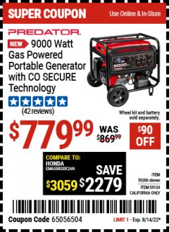 Harbor Freight Coupon PREDATOR 9000 WATT GAS POWERED PORTABLE GENERATOR WITH CO SECURE TECHNOLOGY  Lot No. 59206 Expired: 8/18/22 - $779.99