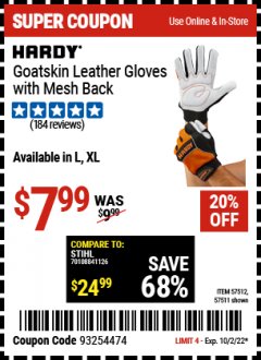 Harbor Freight Coupon HARDY GOATSKIN LEATHER GLOVES WITH MESH BACK Lot No. 57512, 57511 EXPIRES: 10/2/22 - $7.99