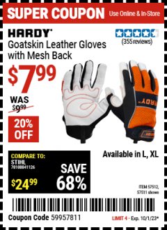 Harbor Freight Coupon HARDY GOATSKIN LEATHER GLOVES WITH MESH BACK Lot No. 57512, 57511 Expired: 10/1/23 - $7.99