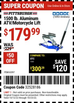Harbor Freight Coupon PITTSBURGH Lot No. 39690809 Expired: 10/23/22 - $179.99