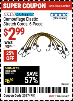 Harbor Freight Coupon CAMOUFLAGE ELASTIC STRETCH CORDS, 6 PIECE Lot No. 61947 Expired: 3/22/24 - $2.99